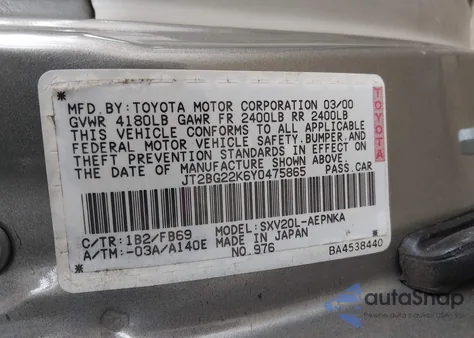 2000 Toyota Camry Le из США, поврежденный, VIN JT2BG22K6Y0475865